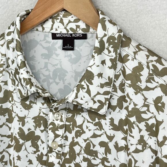 MICHAEL KORS Shirt Men L Golf Polo Short Sleeve Floral Camo Performance Olive - Picture 2 of 13